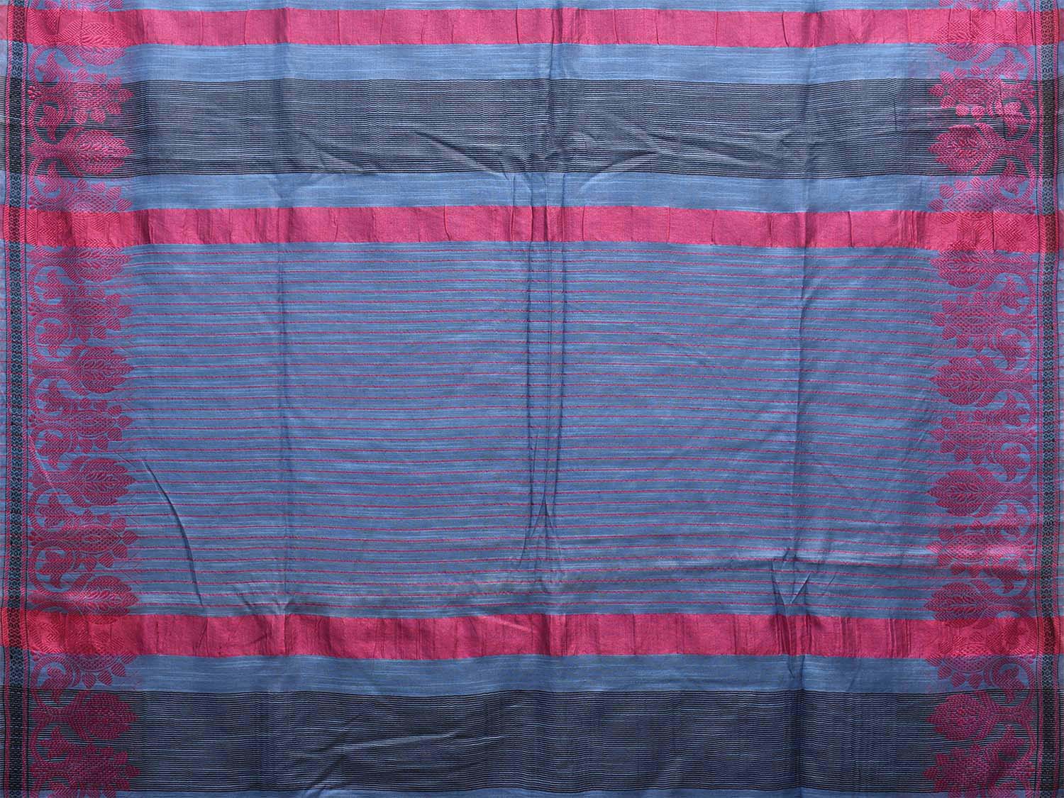 Blue and Pink Tussar Plain Saree with Border and Strips Pallu Design o0570