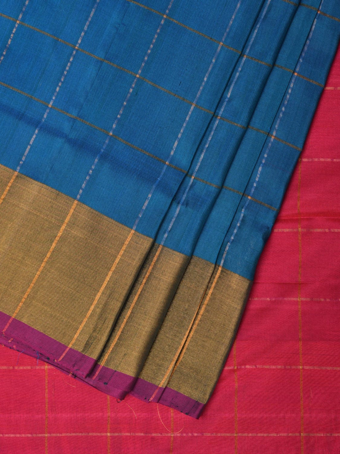 Blue and Pink Uppada Silk Handloom Saree with Checks and Contrast Pallu Design u2140