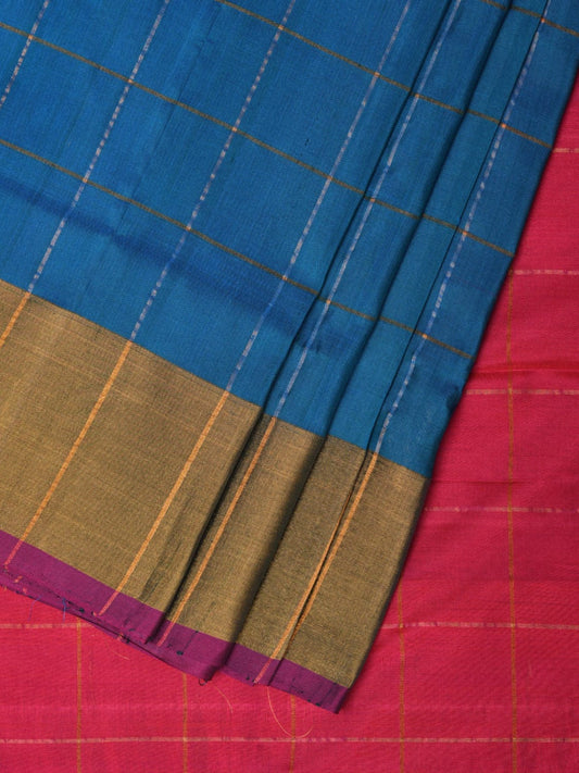 Blue and Pink Uppada Silk Handloom Saree with Checks and Contrast Pallu Design u2140