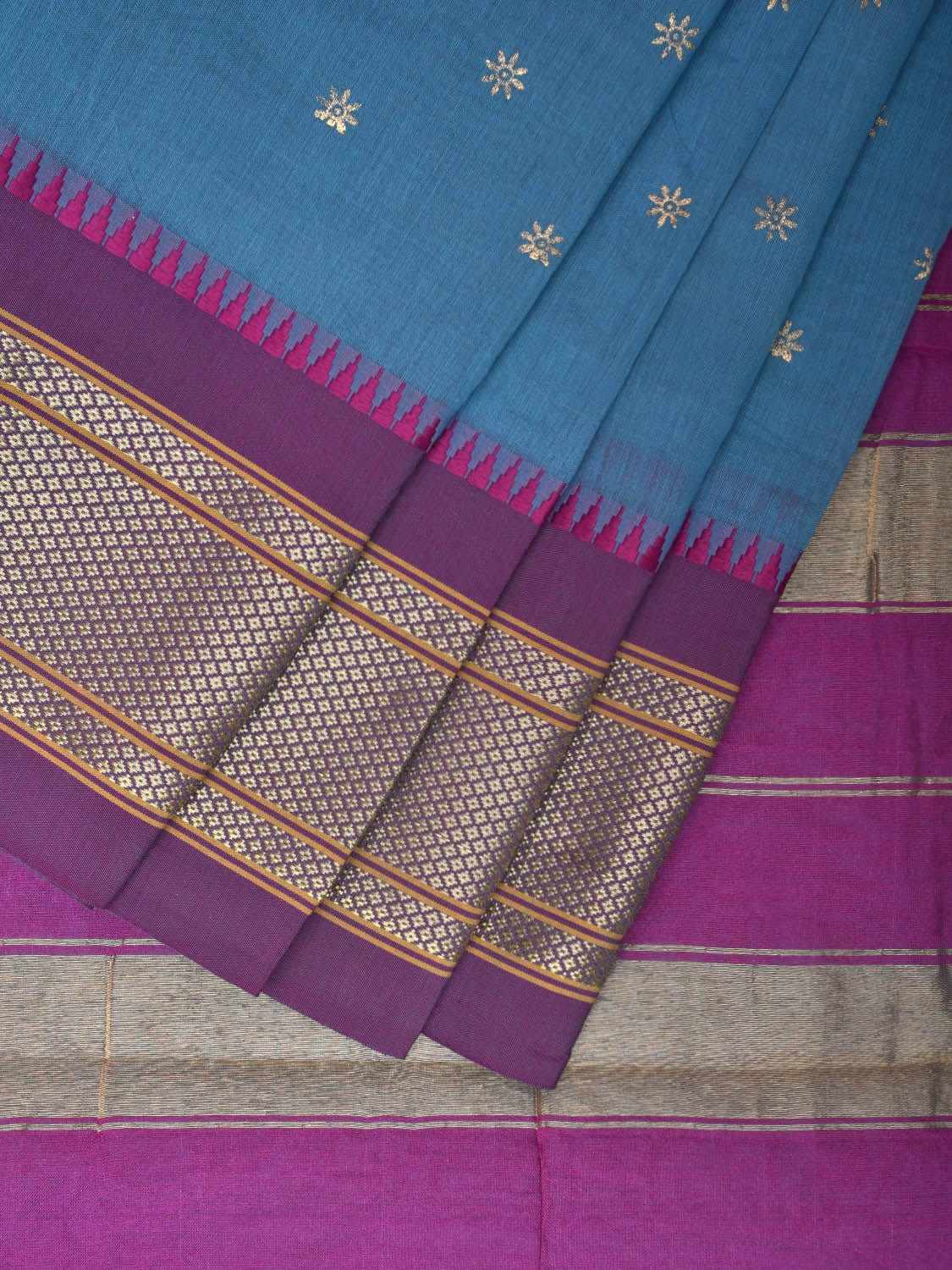 Blue and Purple Bamboo Cotton Saree with Printed Buta Design No Blouse bc0363