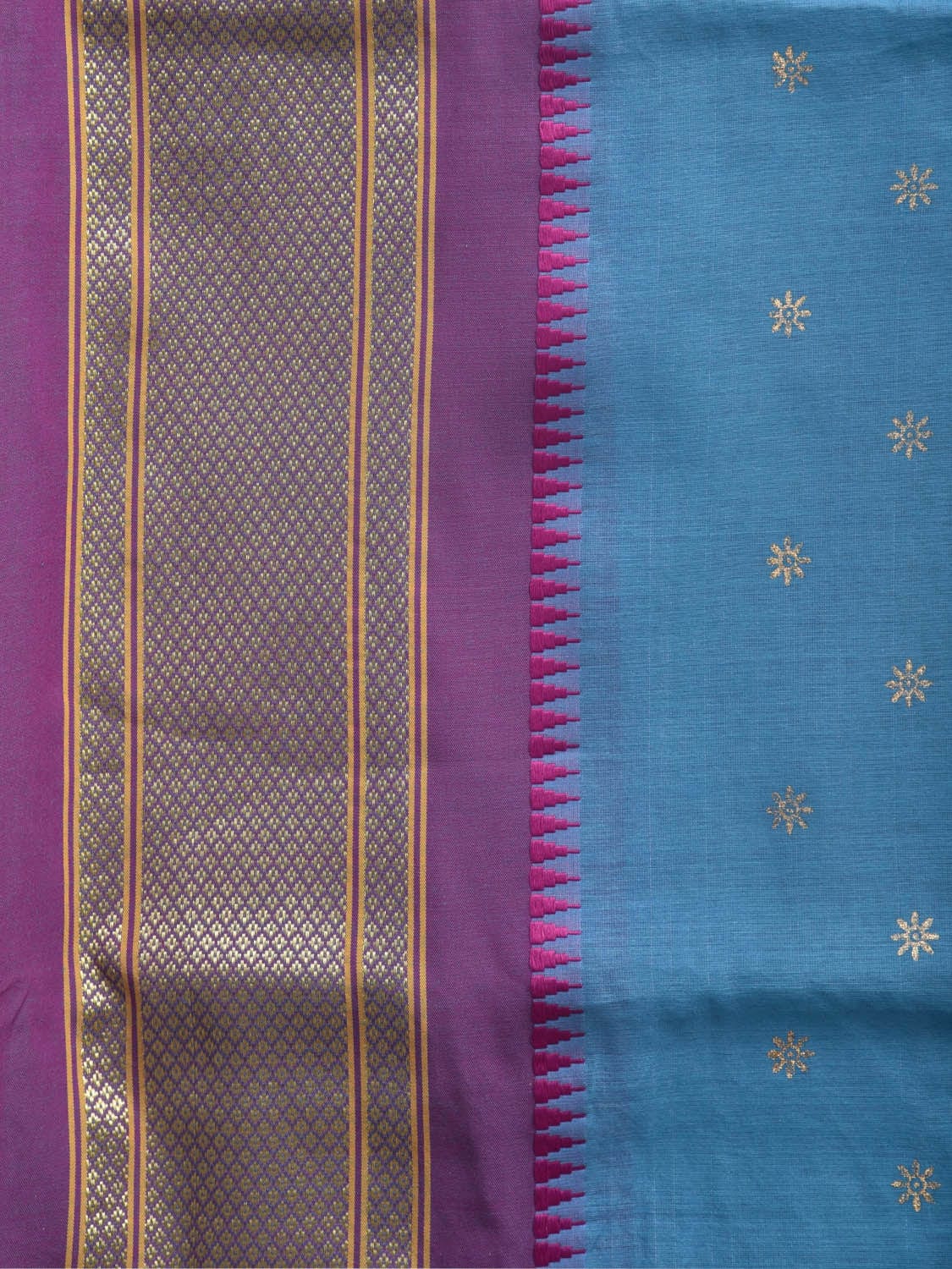 Blue and Purple Bamboo Cotton Saree with Printed Buta Design No Blouse bc0363