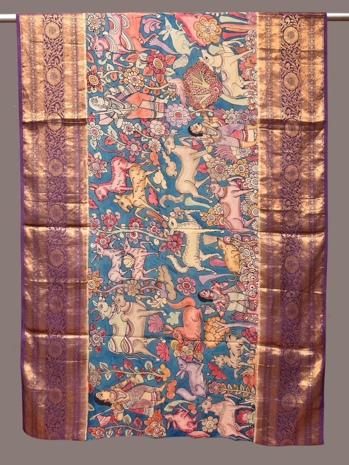 Blue and Purple Kalamkari Hand Painted Kanchipuram Silk Handloom Dupatta with Hunter and Animals Design ds3320
