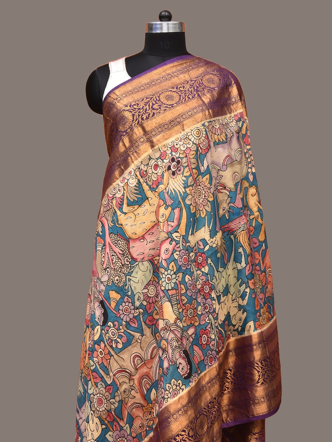 Blue and Purple Kalamkari Hand Painted Kanchipuram Silk Handloom Dupatta with Hunter and Animals Design ds3320