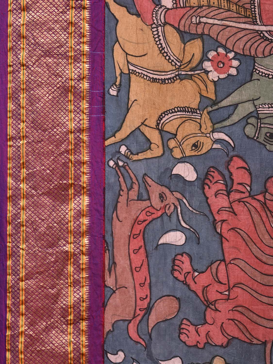 Blue and Purple Kalamkari Hand Painted Paithani Silk Handloom Saree with Panchatantra Design KL0741