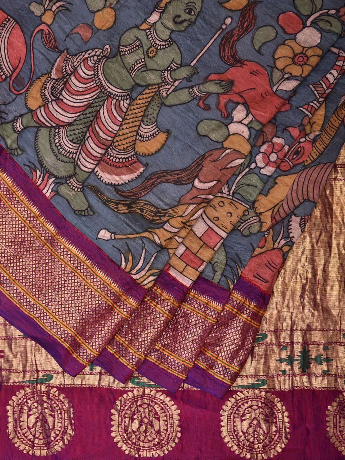 Blue and Purple Kalamkari Hand Painted Paithani Silk Handloom Saree with Panchatantra Design KL0741