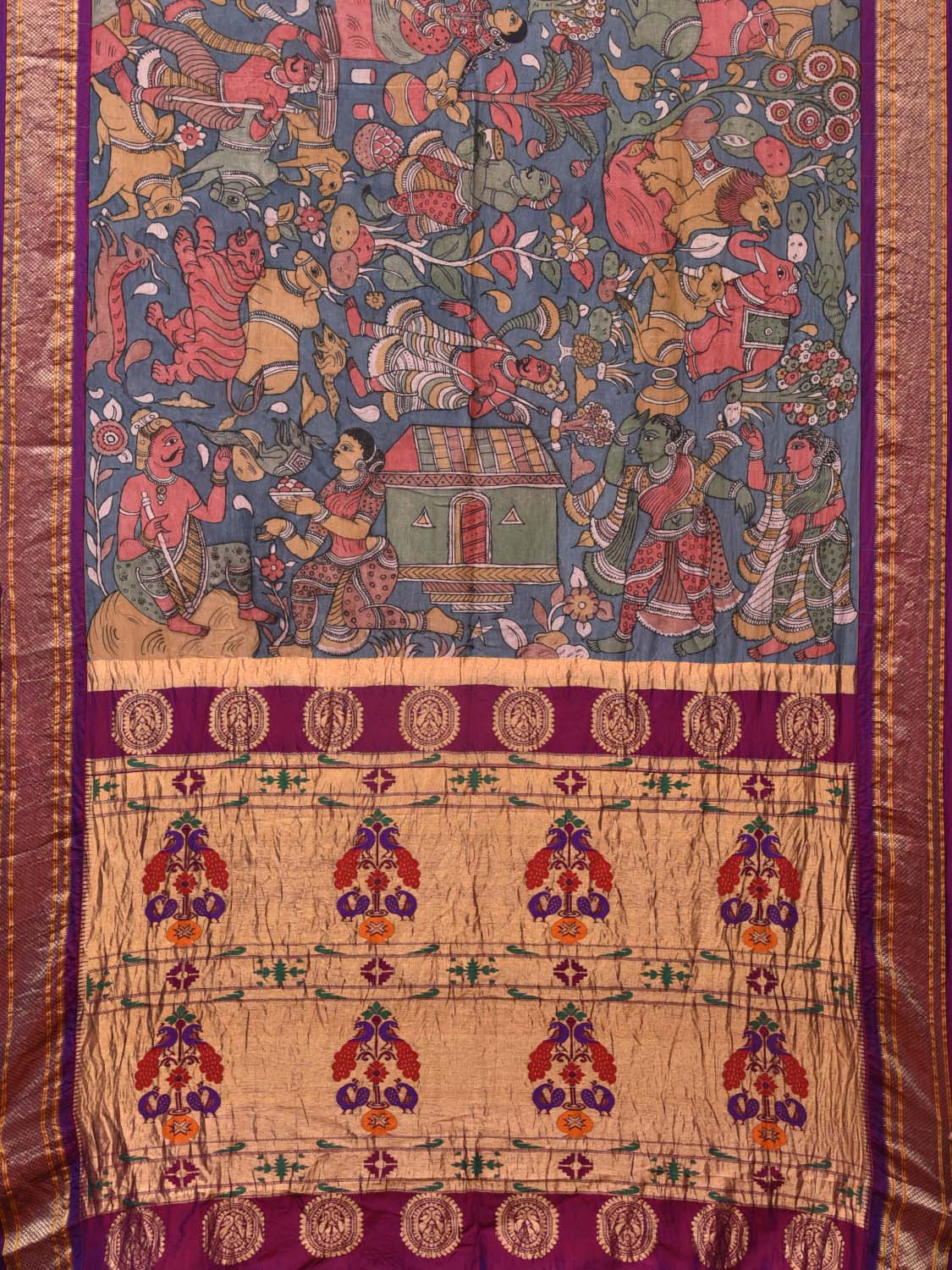 Blue and Purple Kalamkari Hand Painted Paithani Silk Handloom Saree with Panchatantra Design KL0741