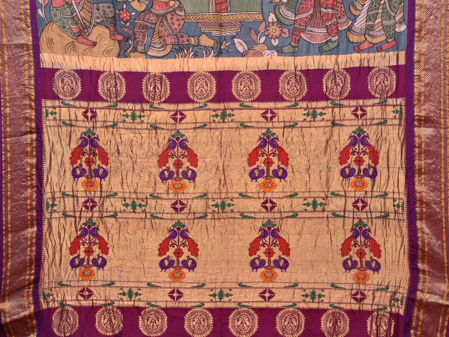 Blue and Purple Kalamkari Hand Painted Paithani Silk Handloom Saree with Panchatantra Design KL0741