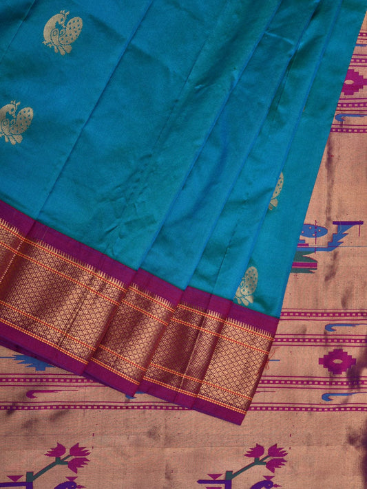 Blue and Purple Paithani Silk Handloom Saree with Pallu Design p0452