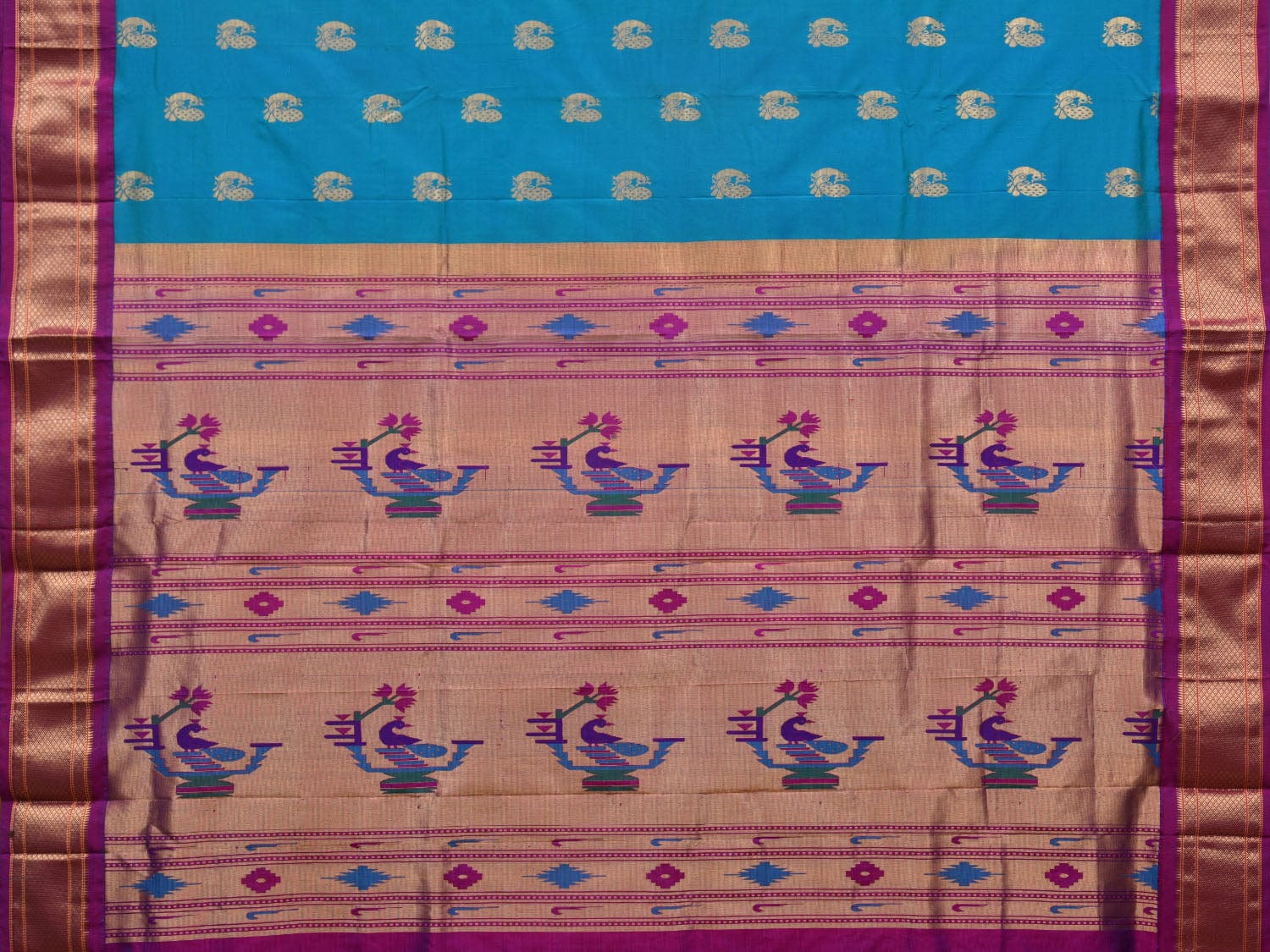 Blue and Purple Paithani Silk Handloom Saree with Pallu Design p0452