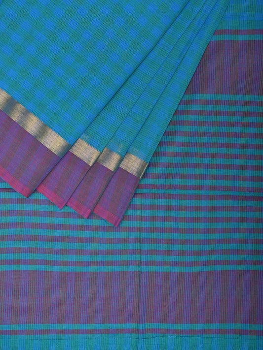 Blue and Purple Venkatagiri Cotton Saree with Checks Design v0090