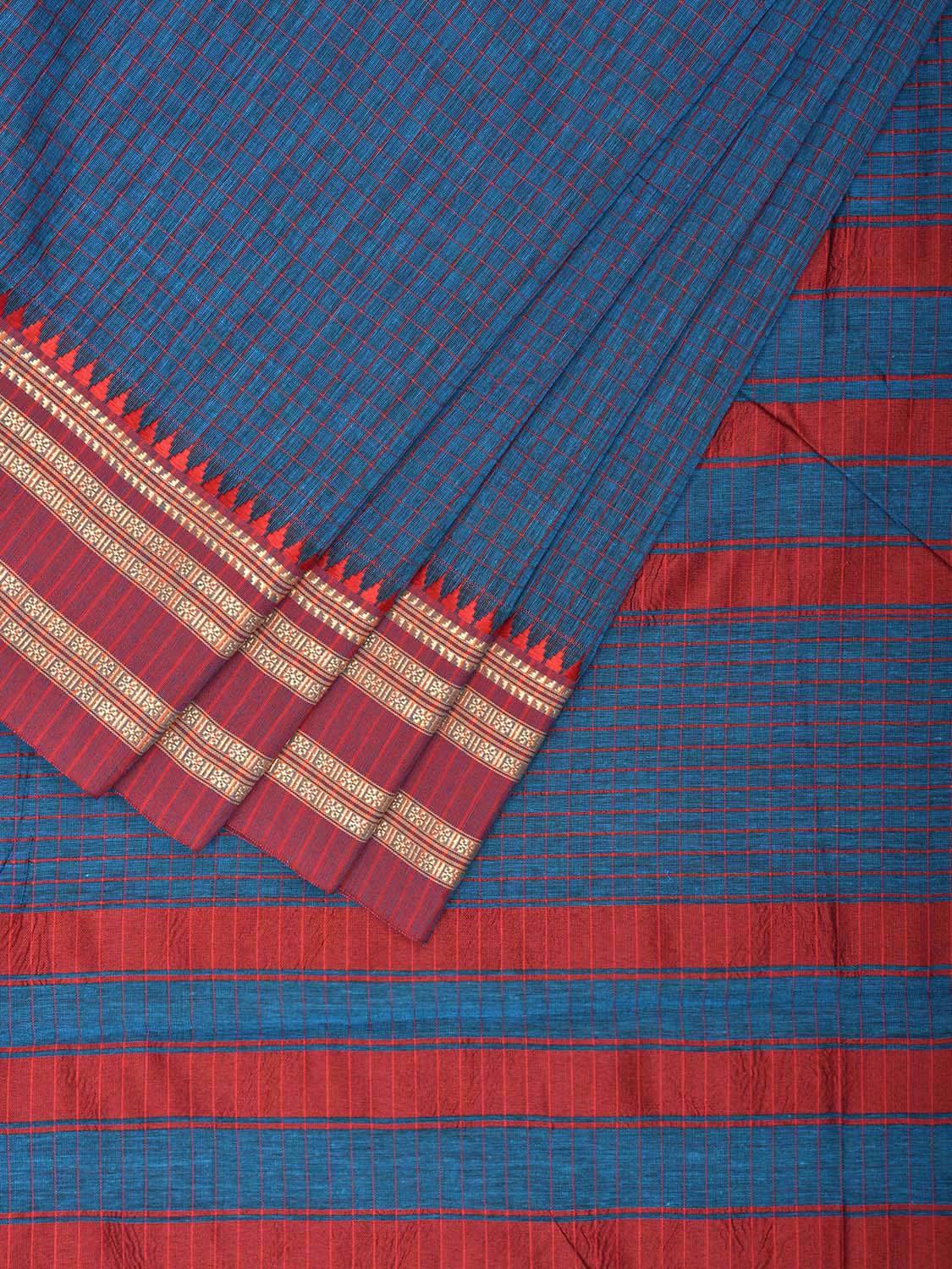 Blue and Red Bamboo Cotton Saree with Checks Design No Blouse bc0664