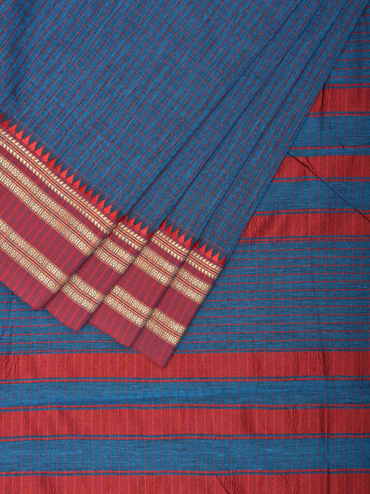 Blue and Red Bamboo Cotton Saree with Checks Design No Blouse bc0664