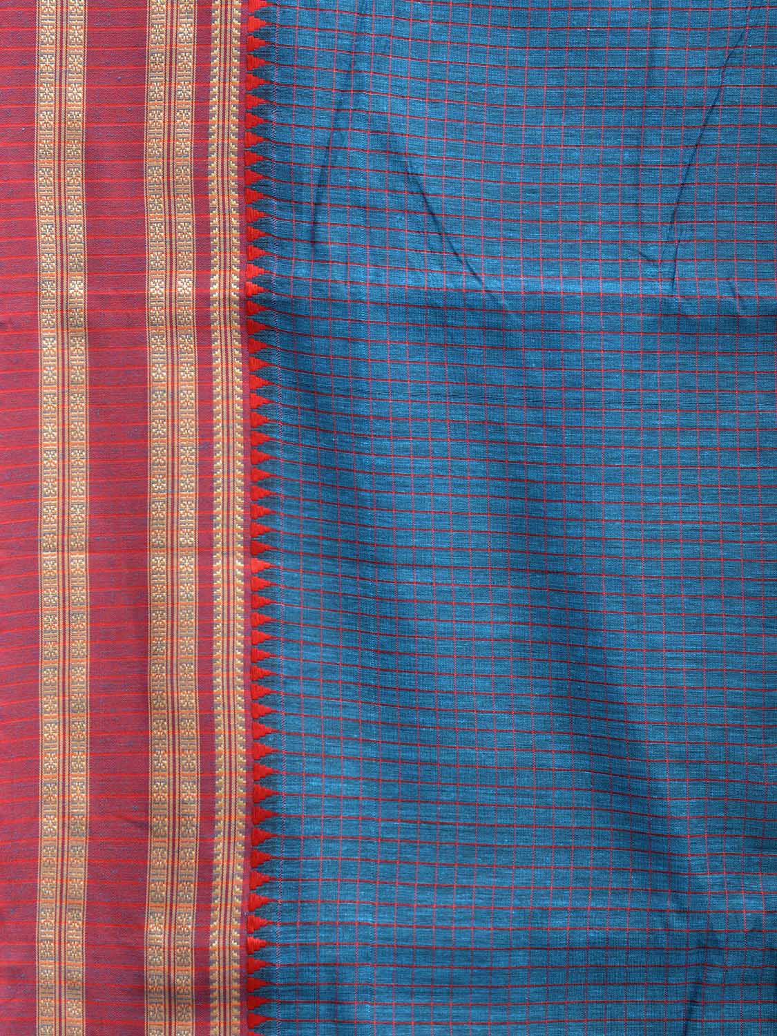 Blue and Red Bamboo Cotton Saree with Checks Design No Blouse bc0664