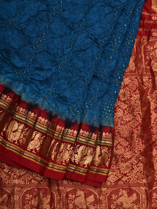 Blue and Red Bandhani Gadwal Silk Handloom Saree with Border and Pallu Design bn0359