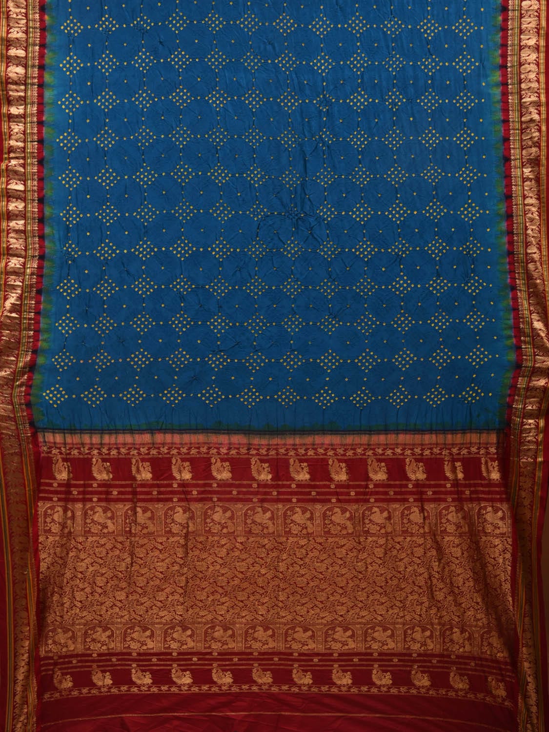 Blue and Red Bandhani Gadwal Silk Handloom Saree with Border and Pallu Design bn0359