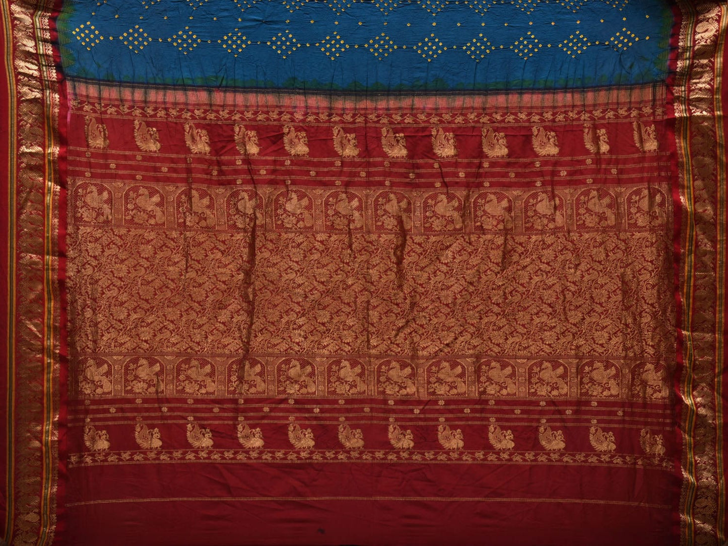 Blue and Red Bandhani Gadwal Silk Handloom Saree with Border and Pallu Design bn0359