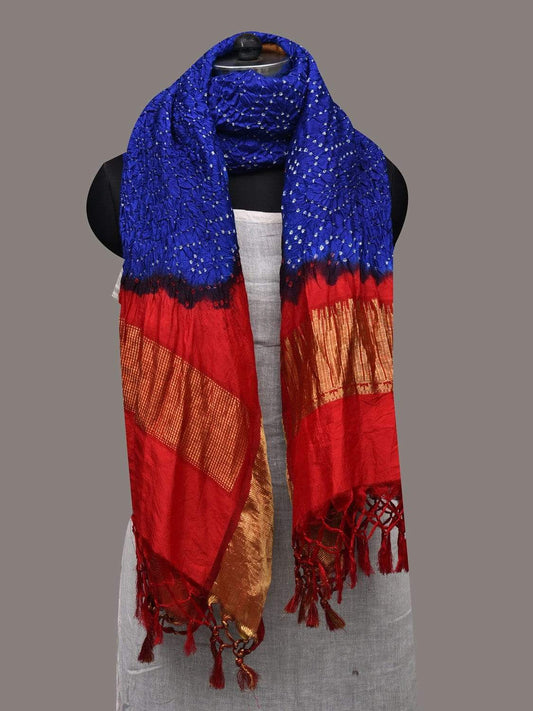 Blue and Red Bandhani Kanchipuram Silk Handloom Dupatta with Grill Design ds2555