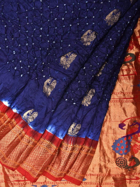 Blue and Red Bandhani Paithani Silk Handloom Saree with Body Buta Design bn0225