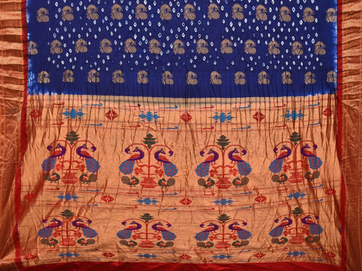 Blue and Red Bandhani Paithani Silk Handloom Saree with Body Buta Design bn0225
