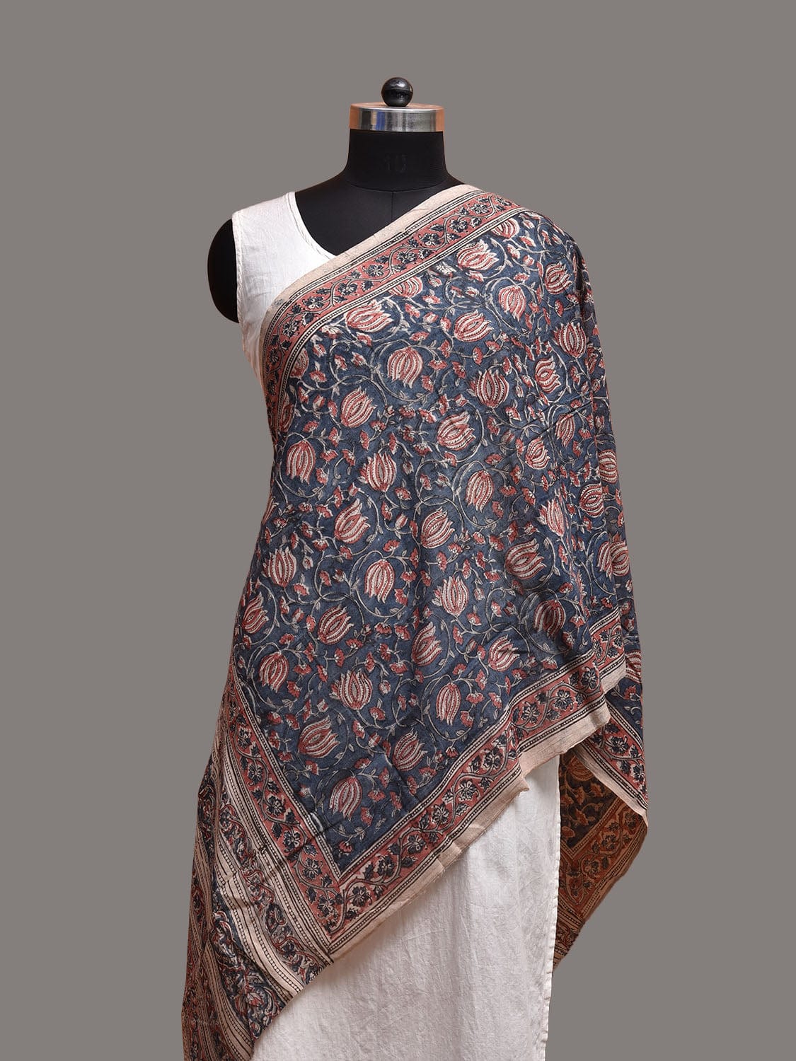 Blue and Red Kalamkari Block Print Cotton Stole with Lotus Flowers Design ds3729