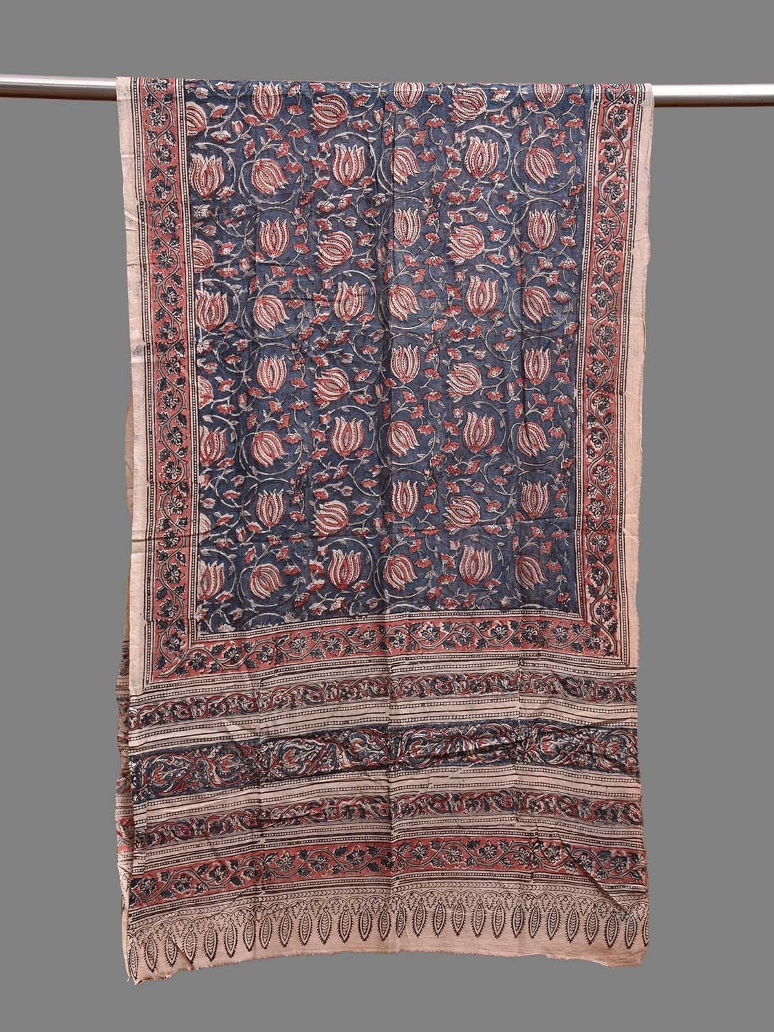 Blue and Red Kalamkari Block Print Cotton Stole with Lotus Flowers Design ds3729
