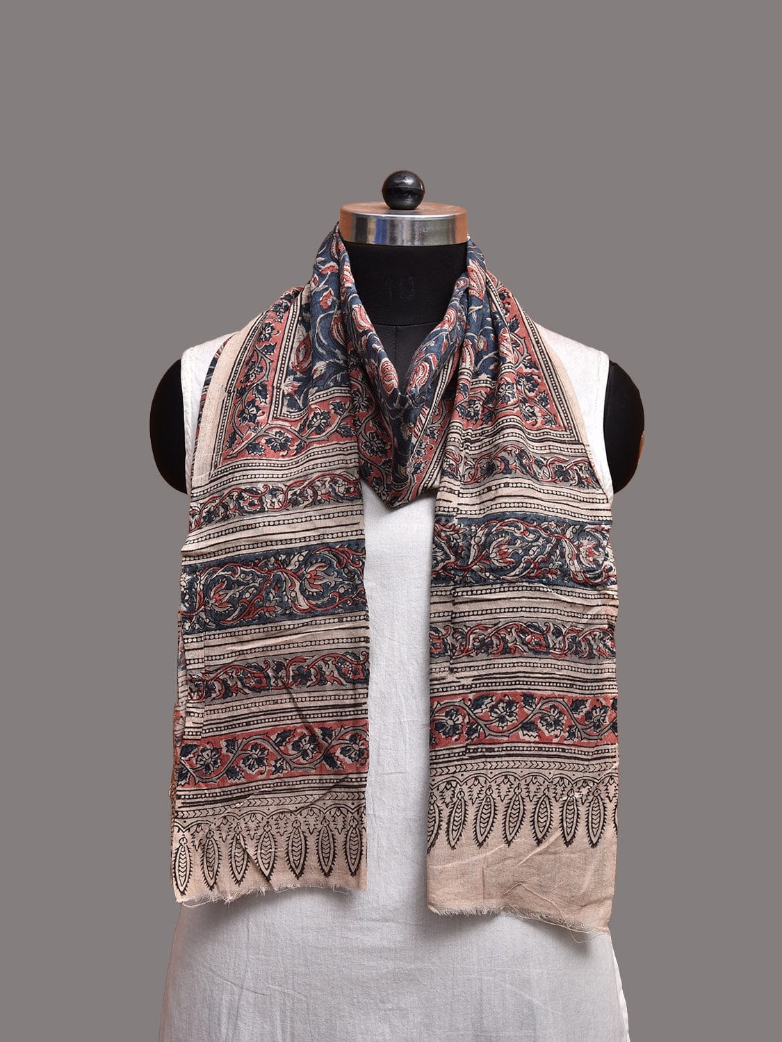 Blue and Red Kalamkari Block Print Cotton Stole with Lotus Flowers Design ds3729