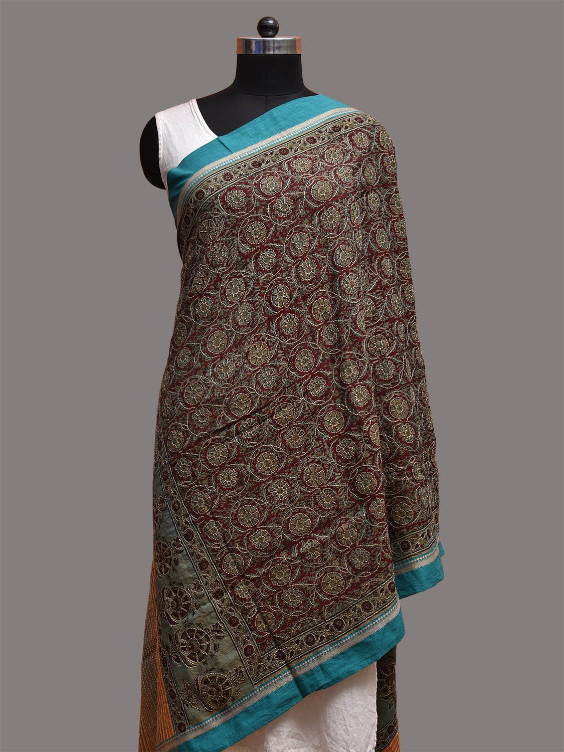 Blue and Red Kalamkari Block Print Mangalgiri Cotton Dupatta with Floral and Kantha Work Design ds3757