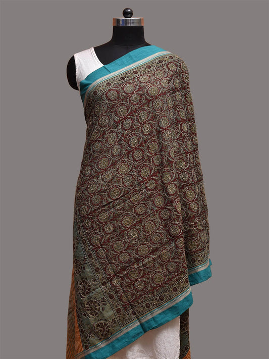 Blue and Red Kalamkari Block Print Mangalgiri Cotton Dupatta with Floral and Kantha Work Design ds3757