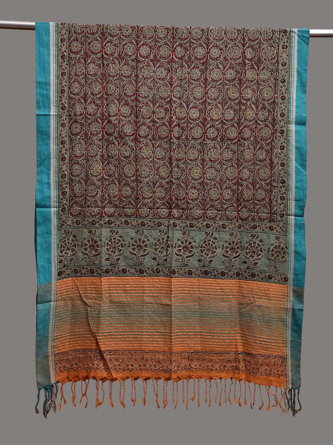 Blue and Red Kalamkari Block Print Mangalgiri Cotton Dupatta with Floral and Kantha Work Design ds3757