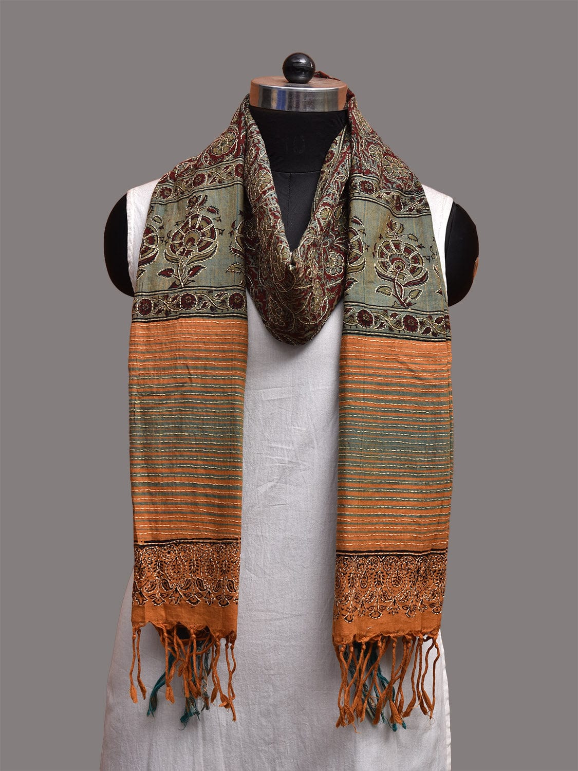 Blue and Red Kalamkari Block Print Mangalgiri Cotton Dupatta with Floral and Kantha Work Design ds3757