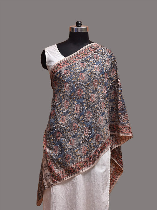 Blue and Red Kalamkari Block Print Tussar Stole with Floral Design ds3764