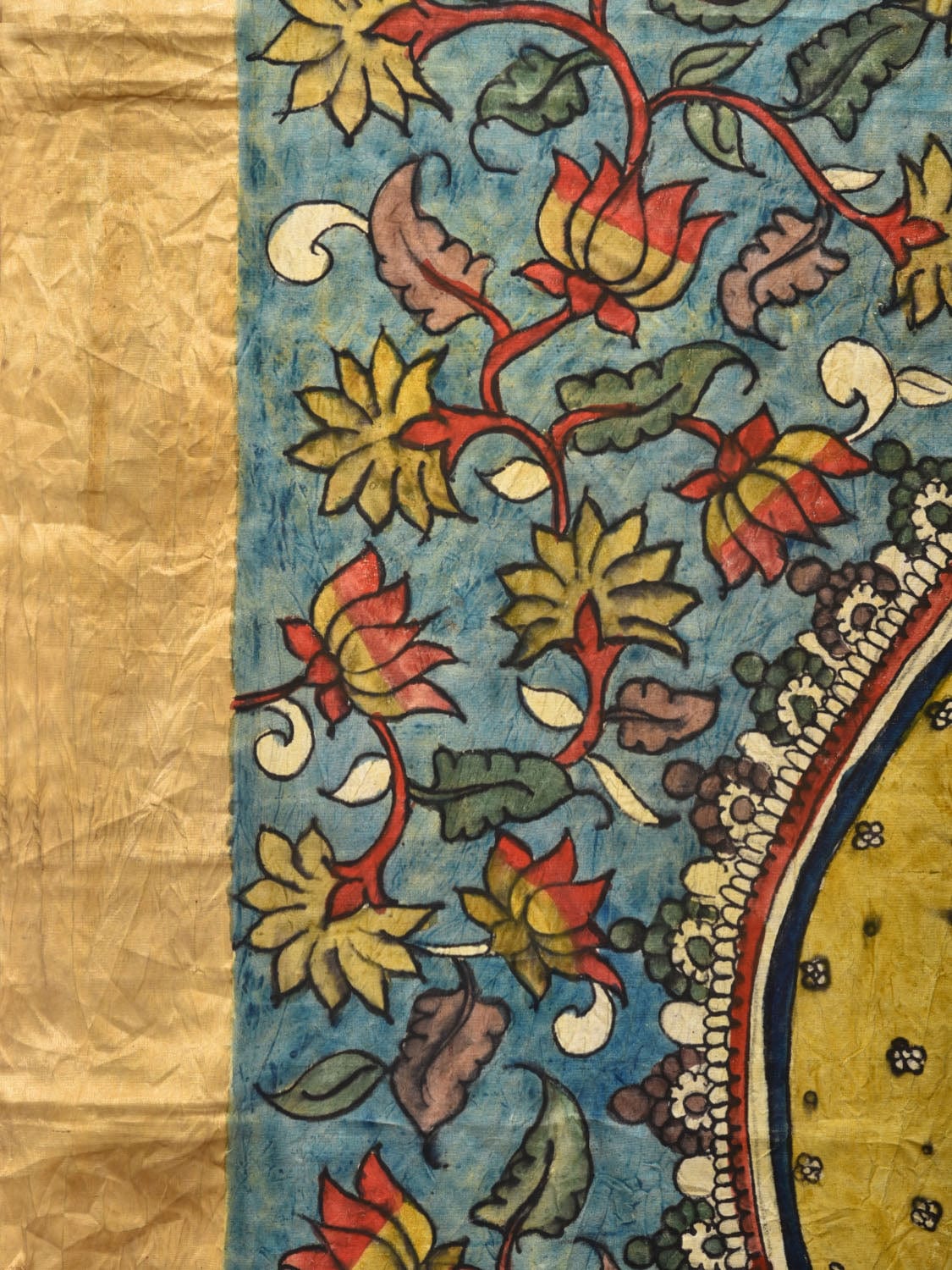 Blue and Red Kalamkari Hand Painted Ikat Silk Handloom Saree with Lotus and Krishna Design KL0768