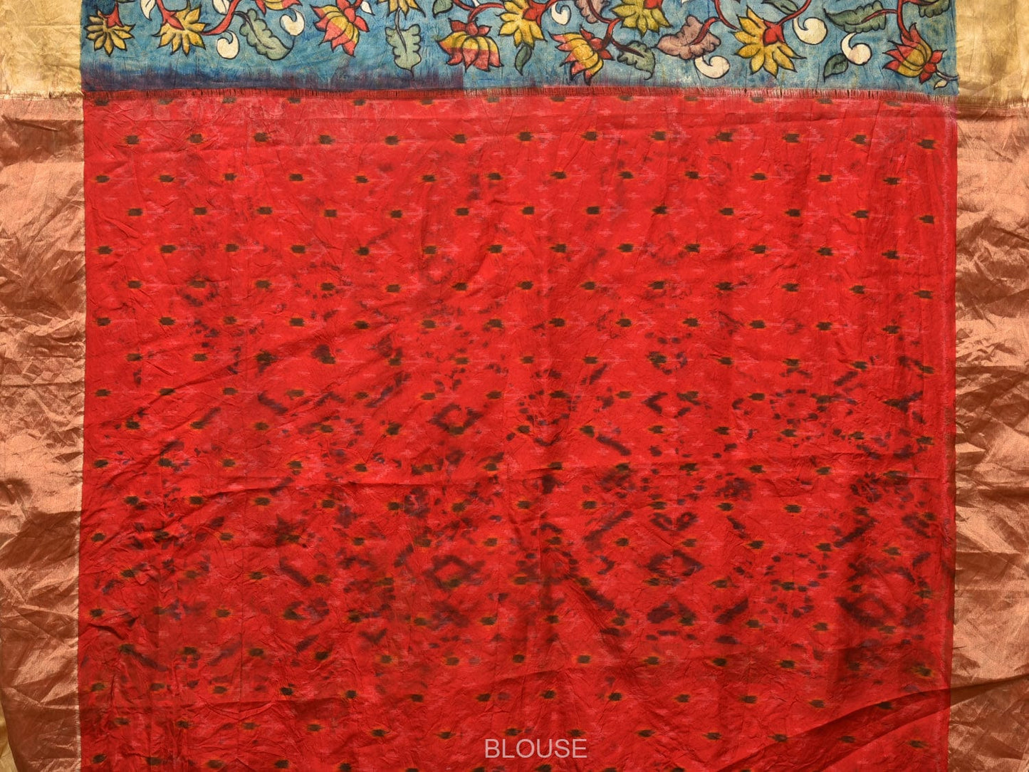 Blue and Red Kalamkari Hand Painted Ikat Silk Handloom Saree with Lotus and Krishna Design KL0768