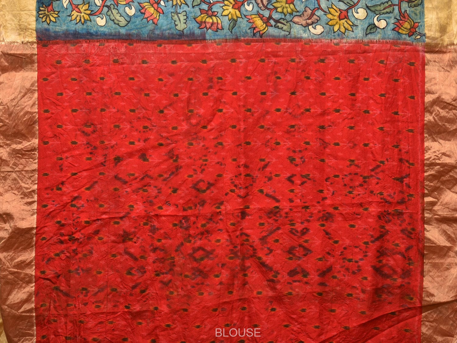 Blue and Red Kalamkari Hand Painted Ikat Silk Handloom Saree with Lotus and Krishna Design KL0768