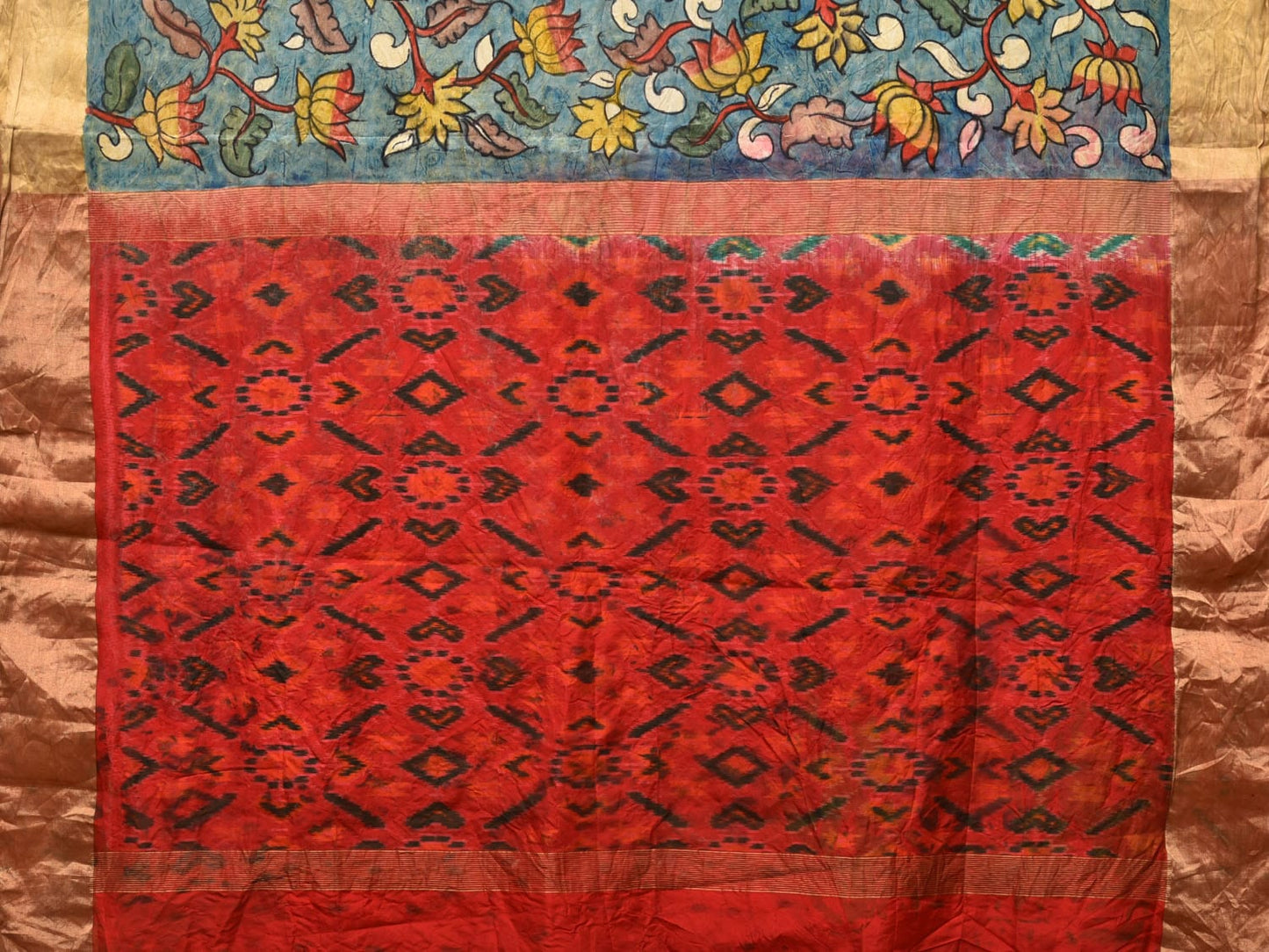 Blue and Red Kalamkari Hand Painted Ikat Silk Handloom Saree with Lotus and Krishna Design KL0768