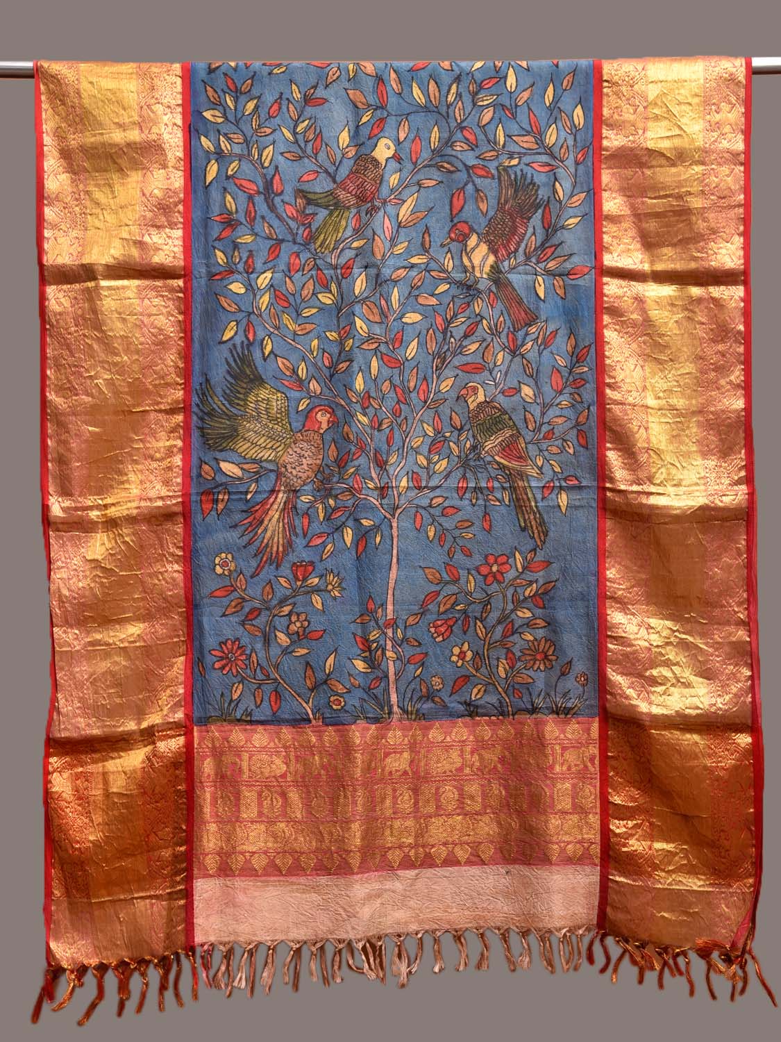 Blue and Red Kalamkari Hand Painted Kanchipuram Silk Handloom Dupatta with Birds and Floral Design ds3572