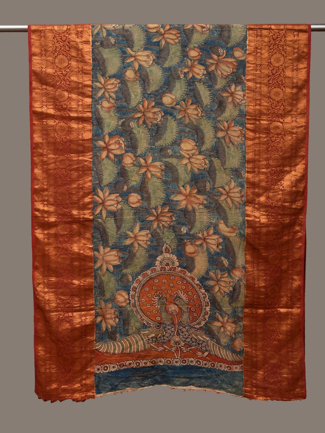 Blue and Red Kalamkari Hand Painted Kanchipuram Silk Handloom Dupatta with Lotus and Peacocks Design ds3123