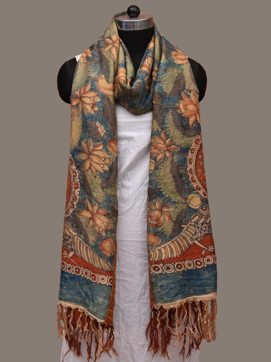 Blue and Red Kalamkari Hand Painted Kanchipuram Silk Handloom Dupatta with Lotus and Peacocks Design ds3123