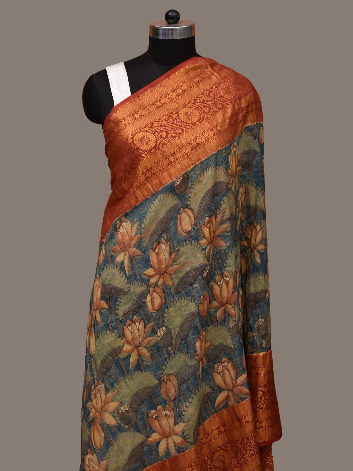 Blue and Red Kalamkari Hand Painted Kanchipuram Silk Handloom Dupatta with Lotus and Peacocks Design ds3123