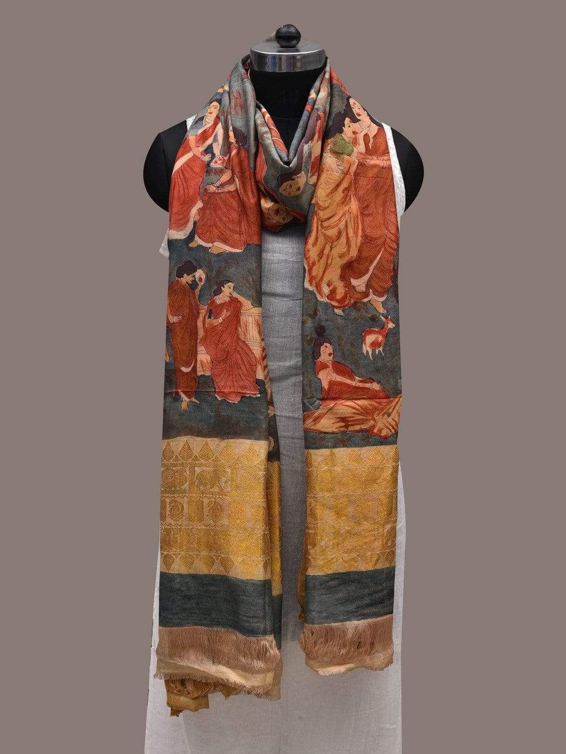 Blue and Red Kalamkari Hand Painted Kanchipuram Silk Handloom Dupatta with Painting Design ds2488