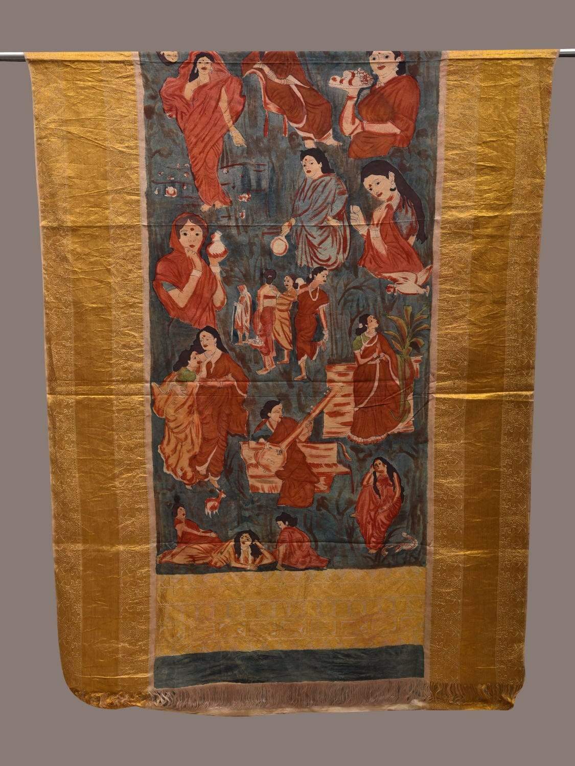 Blue and Red Kalamkari Hand Painted Kanchipuram Silk Handloom Dupatta with Painting Design ds2488