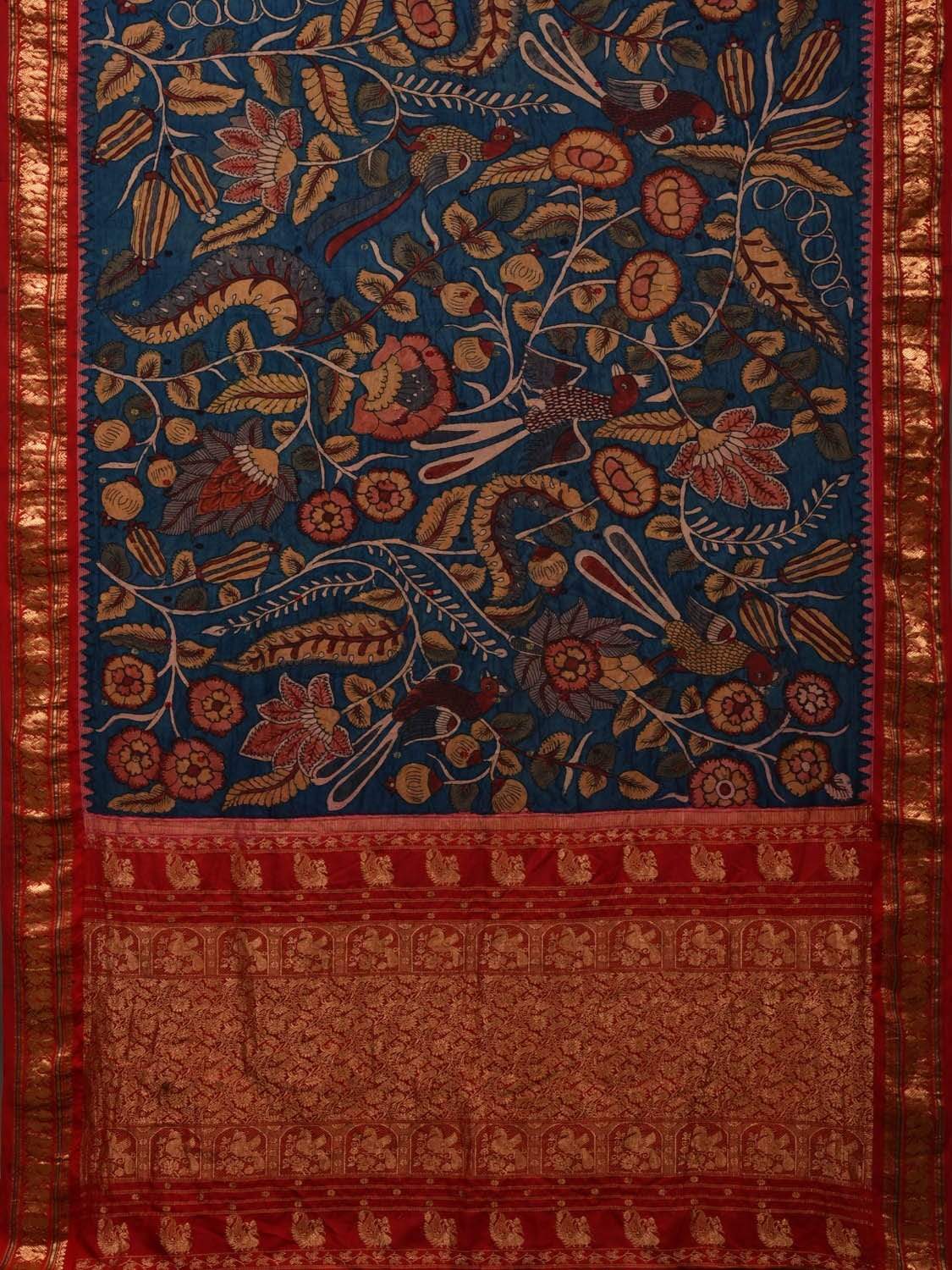 Blue and Red Kalamkari Hand Painted Kanchipuram Silk Handloom Saree with Floral and Peacocks Design KL0517