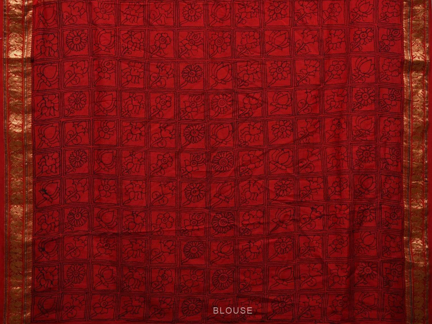 Blue and Red Kalamkari Hand Painted Kanchipuram Silk Handloom Saree with Floral and Peacocks Design KL0517