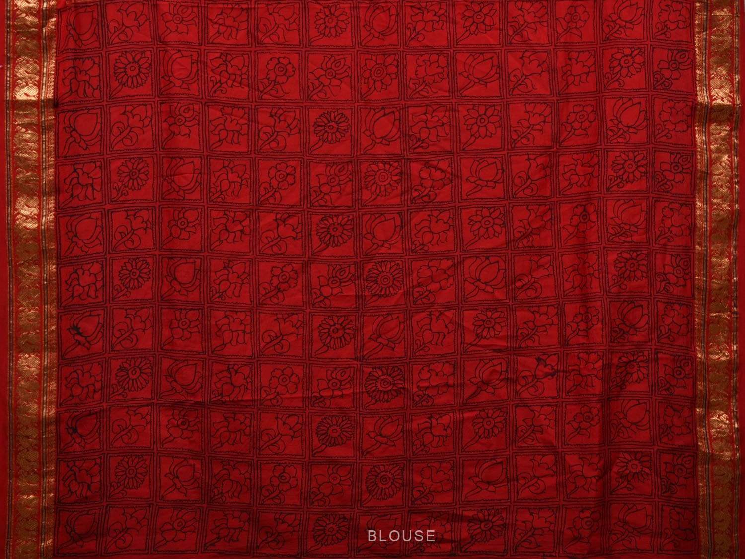 Blue and Red Kalamkari Hand Painted Kanchipuram Silk Handloom Saree with Floral and Peacocks Design KL0517
