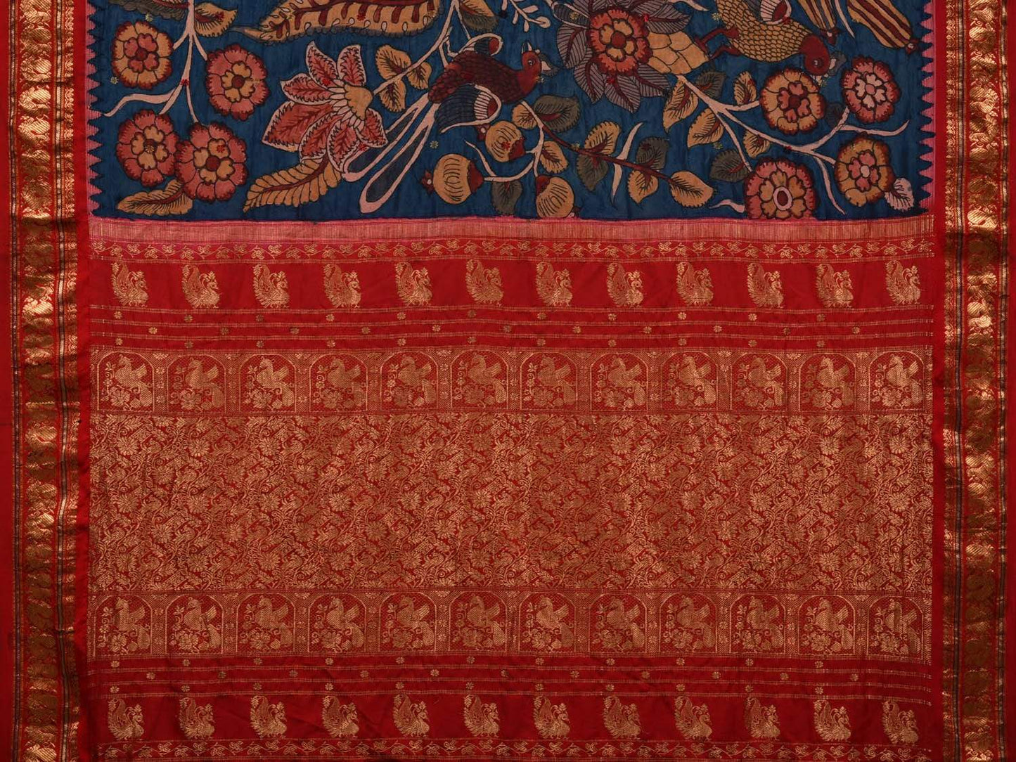 Blue and Red Kalamkari Hand Painted Kanchipuram Silk Handloom Saree with Floral and Peacocks Design KL0517