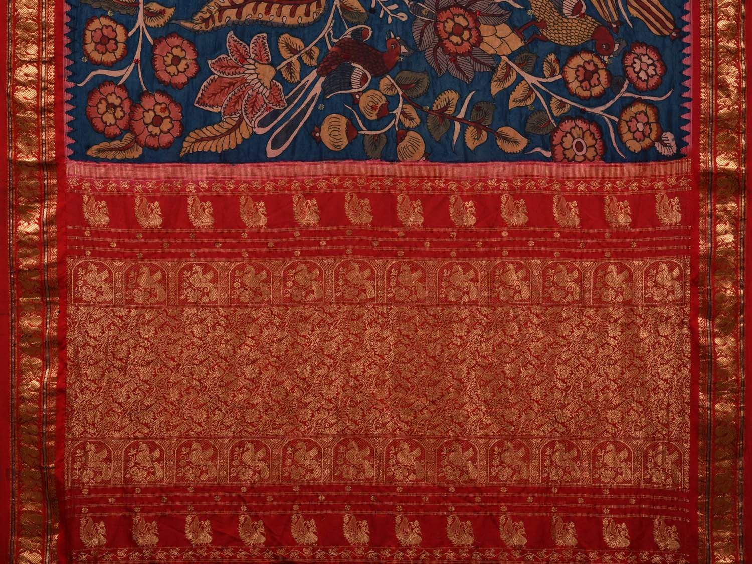 Blue and Red Kalamkari Hand Painted Kanchipuram Silk Handloom Saree with Floral and Peacocks Design KL0517