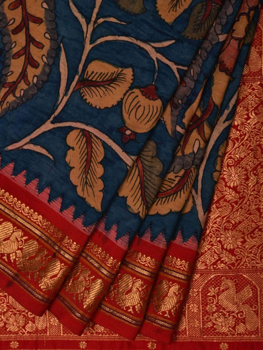 Blue and Red Kalamkari Hand Painted Kanchipuram Silk Handloom Saree with Floral and Peacocks Design KL0517