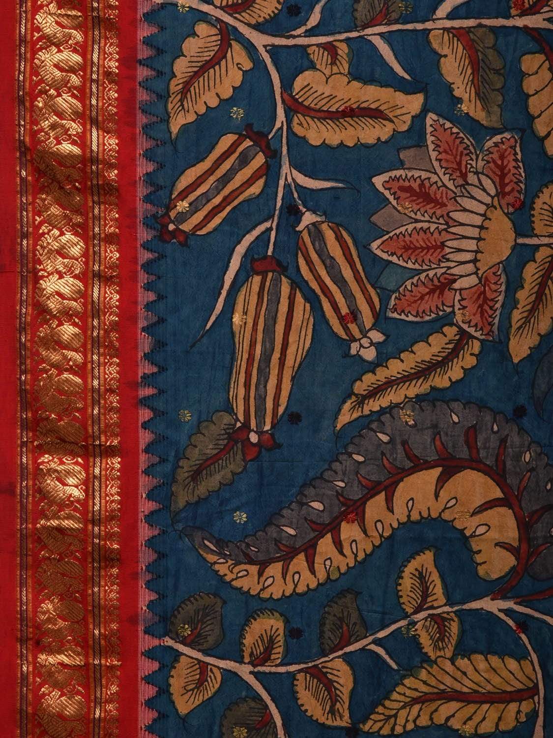 Blue and Red Kalamkari Hand Painted Kanchipuram Silk Handloom Saree with Floral and Peacocks Design KL0517