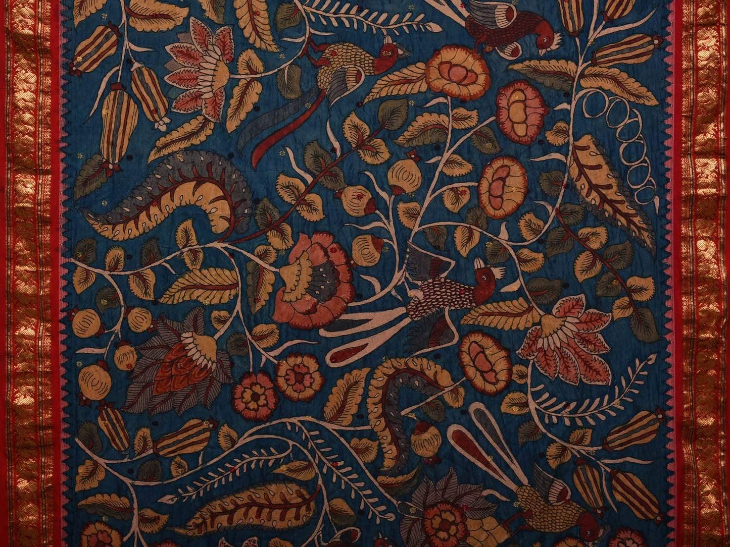 Blue and Red Kalamkari Hand Painted Kanchipuram Silk Handloom Saree with Floral and Peacocks Design KL0517