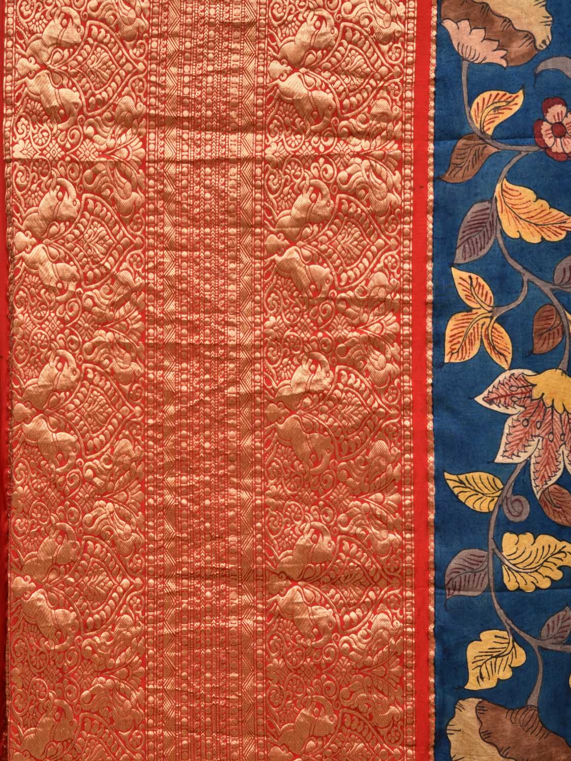 Blue and Red Kalamkari Hand Painted Kanchipuram Silk Handloom Saree with Floral Design KL0456